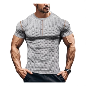 T-shirt Henley grigia slim fit da uomo con tessuto a nido d'ape e maniche corte