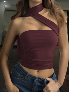 Chic burgundy Y2K halter neck cropped top with crisscross wrap design for women