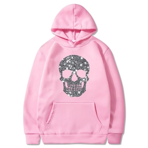 Pink Halloween hoodie with silver glitter skull graphic for men and women