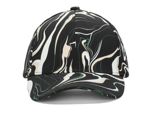 Close-up of baseball cap with black and green marble wave patterns and twill stitching