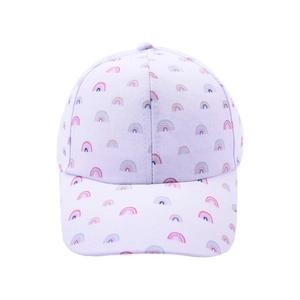 Lavender kids baseball cap with colorful rainbow print and curved brim on white background