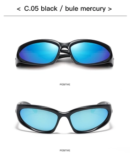 Front view of sporty wrap-around sunglasses with black frames and blue mercury lenses