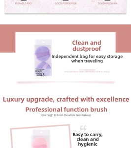 Detail of two-piece soft makeup powder puff set in purple and pink individual packaging