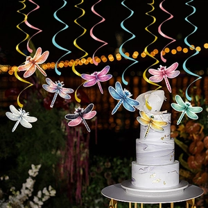 Dragonfly party decoration kit featuring colorful insects and spiral banners for birthdays