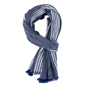 Men's lightweight navy blue striped scarf with crinkle texture and tassel edges