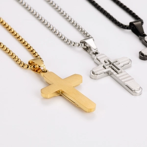 Three-layer stainless steel cross pendant necklace in gold, silver, and black finishes