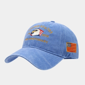Macro detail of high-quality embroidery on washed denim 250th anniversary baseball cap