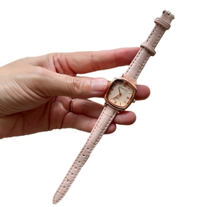 Pink leather strap square watch for women with rose gold case and Roman numeral dial