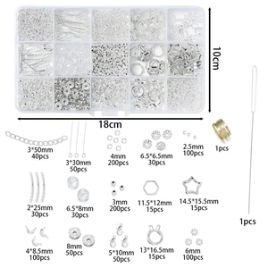 15-compartment silver DIY jewelry making kit with beads, chains, and findings in a box