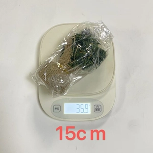 Detailed view of a 15cm mini artificial Christmas tree with burlap base on a scale