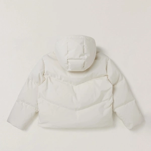 Rear view of white down jacket with horizontal quilting and hooded design details