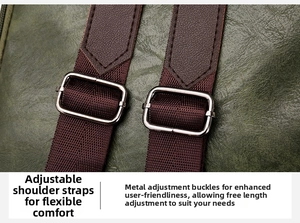 Detail of adjustable shoulder straps with silver metal buckles on a green PU backpack