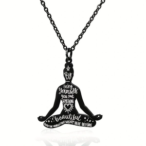 Inspirational yoga silhouette necklace in matte black finish with motivational quote