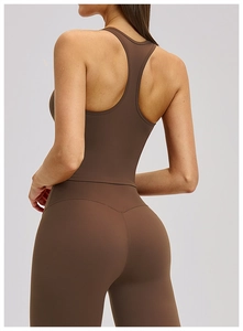 Rear view of mocha brown racerback sports bra and high-waist leggings workout set