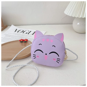 Detail of cute purple cat PU leather mini bag with gold flower zipper and white woven strap