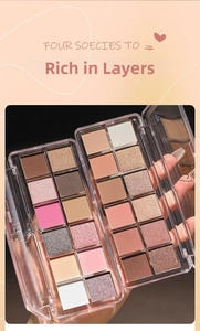 Macro shot of a ten-color eyeshadow palette showing matte and glitter textures clearly