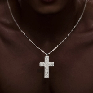 Polished silver stainless steel cross necklace with hammered texture finish for men and women