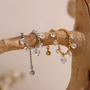 18K gold plated stainless steel adjustable bead rings with sparkling crystal pendants