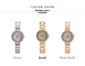 Drei elegante Quarzuhren in Silber, Gold und Roségold mit diamantbesetzten Lünetten