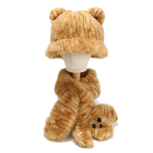 Winter plush tiger print bucket hat and scarf set with cute ears for warm protection