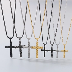 Retro Byzantine chain cross necklaces in black, silver, and gold stainless steel