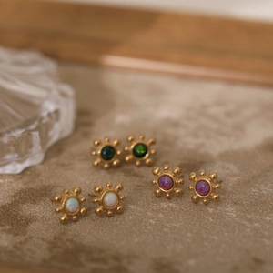18K gold plated sunflower stud earrings with synthetic opal stones in white, green and purple