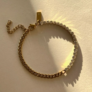 Gold-plated titanium steel Cuban chain bracelet with sparkling crystal rhinestones