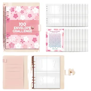 Pink sakura 100 day money saving challenge binder with 6-ring rose gold binder and pouches