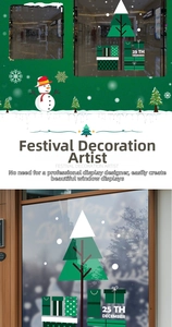 Detail of Christmas window decals featuring snowmen and trees for festive shop decoration