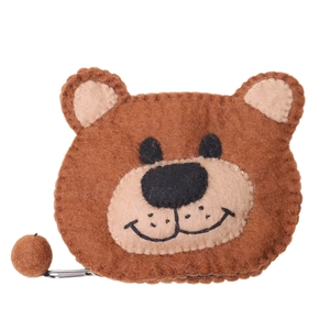 Cute brown bear wool felt coin purse with embroidered facial features on white background