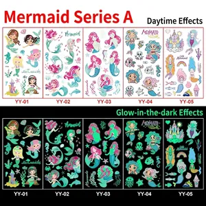 Glow-in-the-dark mermaid temporary tattoos showing daytime look and night luminous effect
