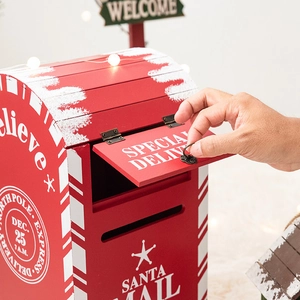 Red Christmas wooden Santa Mail box with flip lid and festive welcome background