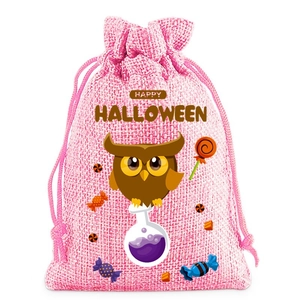 Pink burlap Halloween drawstring gift bag featuring a cute owl and happy halloween text