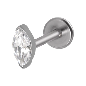 G23 titanium labret stud with marquise-cut clear zircon stone on plain white background