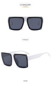 Detailed front and side views of white square sunglasses with grey lenses and studs