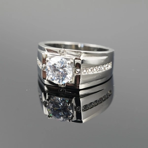 Men's wide titanium steel ring featuring a large solitaire round zircon and pavé setting