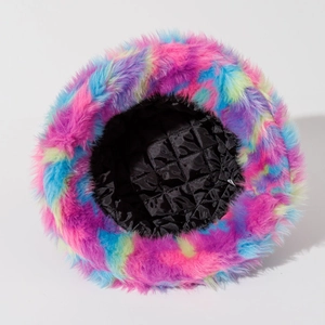 Rainbow tie-dye plush bucket hat with thick quilted black lining for winter warmth