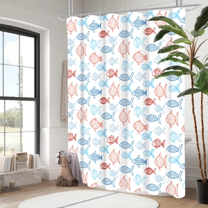 White polyester shower curtain with red and blue fish patterns and metal hooks hanging