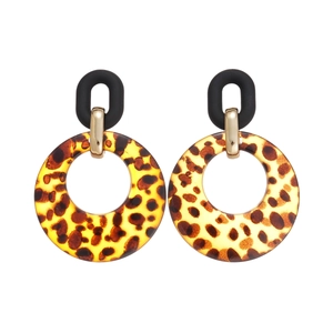 Retro geometric leopard print acrylic round drop earrings with black matte oval studs