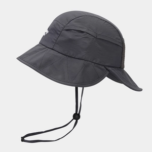 Detail of dark grey sun hat with adjustable wind cord and white logo embroidery