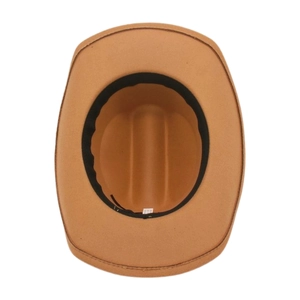 Detail view of the interior structure and inner sweatband of a brown felt cowboy hat