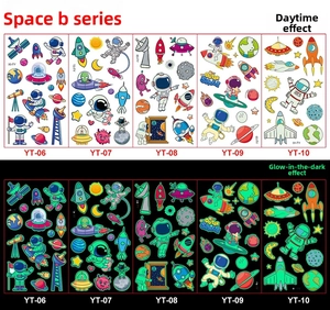 Glow-in-the-dark space astronaut tattoo stickers showing daytime and night effects