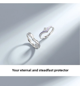 Close-up of couple rings featuring silver V-shape with purple enamel and zircon inlay