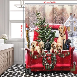 Christmas shower curtain featuring a vintage red truck with puppies and 180cm size detail