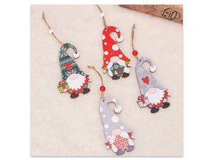 Set of four wooden Christmas gnome ornaments with red and green patterns and hanging beads