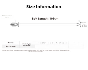 Guide des tailles pour ceinture femme avec longueur de 105cm et largeur de 1,8cm détaillée