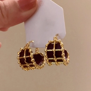 Vintage Geometric Hoop Earrings With Gold Plated Copper Openwork Grid And Leather Inlay Steel Earring Post For Women
