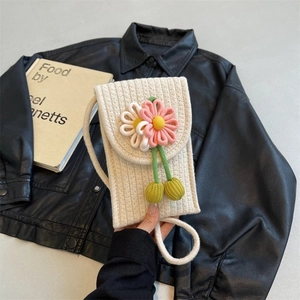 Women Crochet Crossbody Phone Bag Woven Cotton Rope Floral Applique Magnetic Snap Beach Vacation Bohemian Style