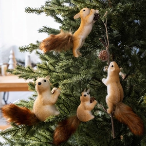 Set of 4 realistic squirrel Christmas tree hanging ornaments with faux fur and pine cones