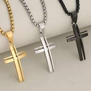 Three minimalist hollow cross pendants in gold, silver and black stainless steel finish